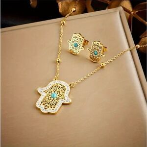 Ethnic Style Gold Hand Necklace & Earrings Set With Turquoise & Zirconia